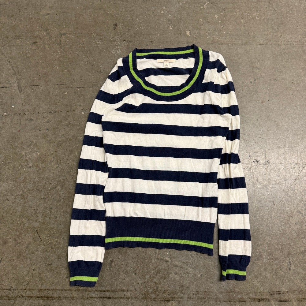 Merona Womens Blue White Striped Sweater Lime Green Trim Size Small Pullover